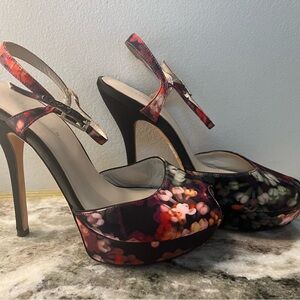 Karen Millen Silk Floral Black Multi Stiletto Sz 39 US 8.5-9 Coord Purse availbl